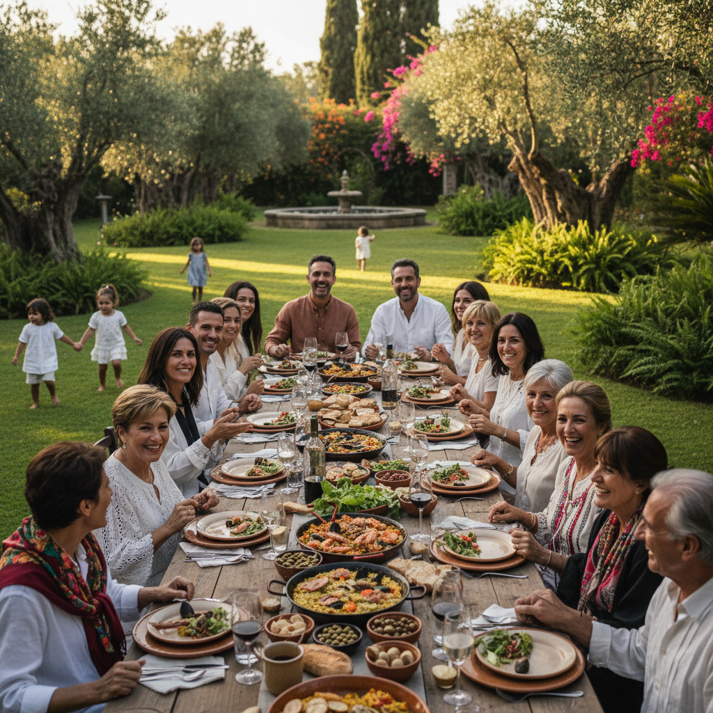Warm family gathering with multiple generations seated together at a large outdoor table