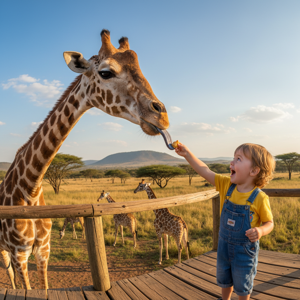Child feeding a giraffe from a raised platform with wonder on their face