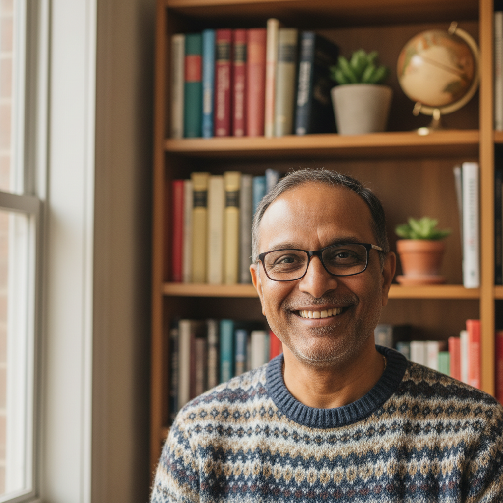 Middle-aged Indian man, confident expression, bookshop background, warm lighting