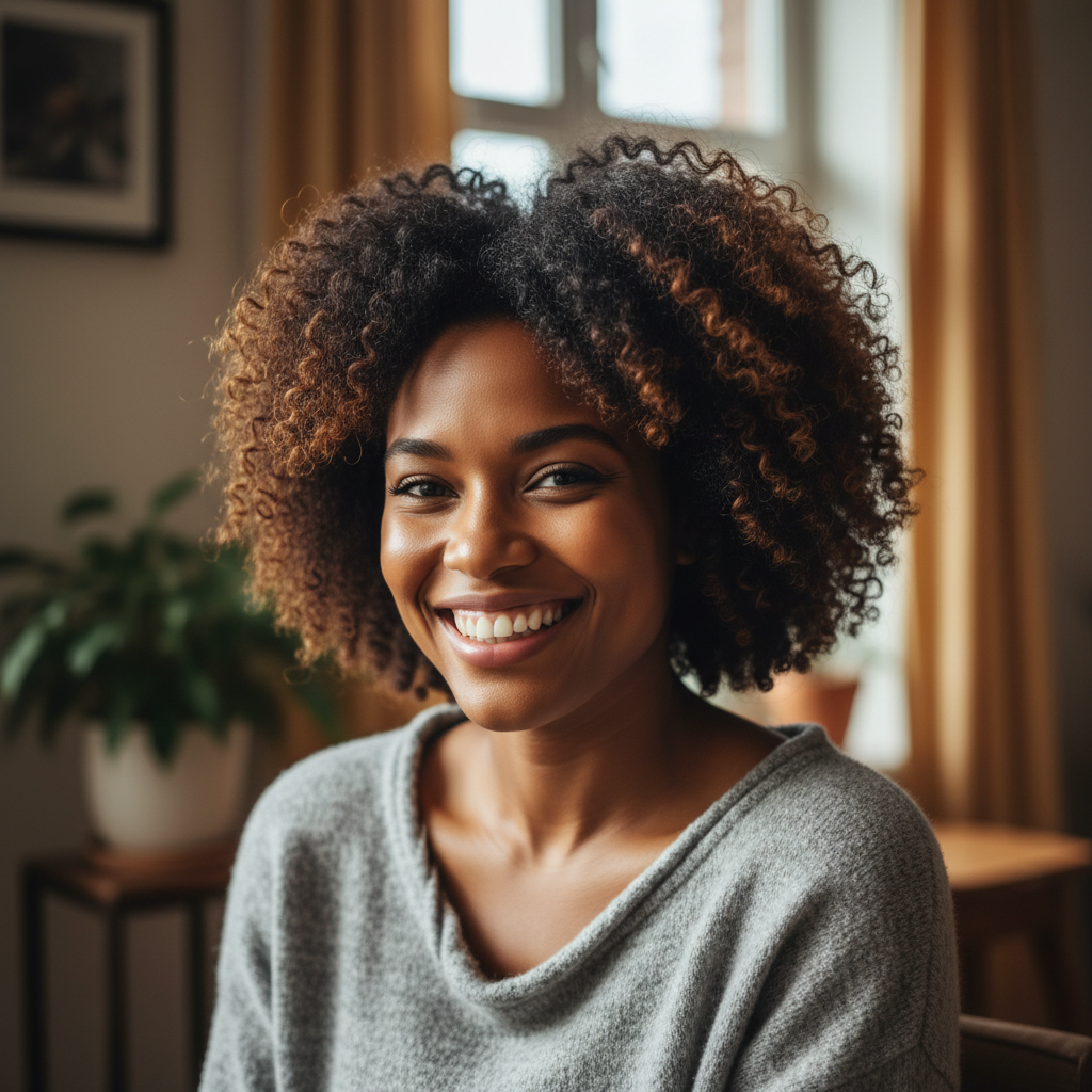 Jennifer Okafor, smiling mother with natural hair