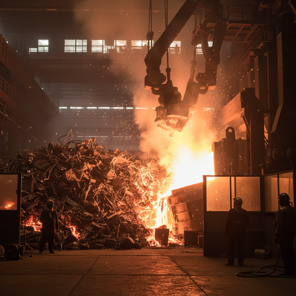 Interior of steel blast furnace with glowing molten metal and dark industrial walls, deep amber glow from molten steel, atmospheric heavy-industry environment
