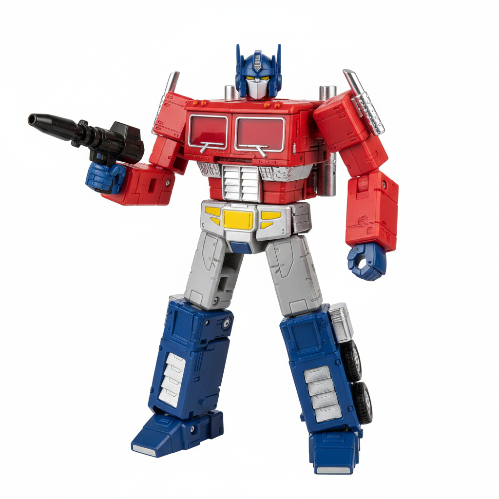 Optimus Prime transforming action figure in red and blue truck robot form with metallic finish in industrial display