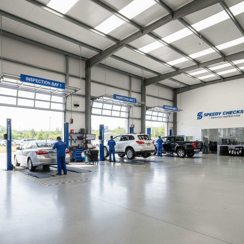 Experienced mechanic performing a vehicle inspection in a bright commercial workshop