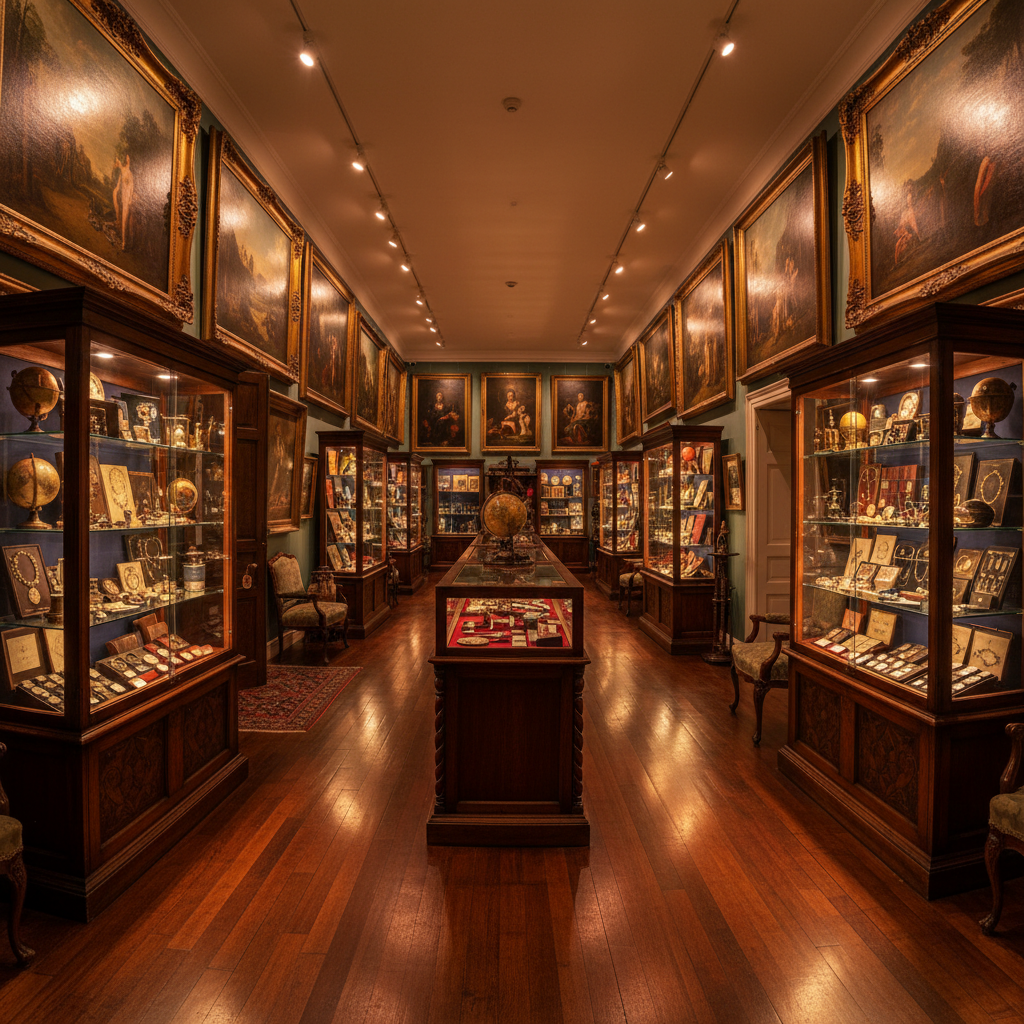 Warm-lit antique gallery interior with dark wooden display cases, oil paintings in gilt frames lining the walls, atmospheric amber spotlights casting long shadows on polished floors