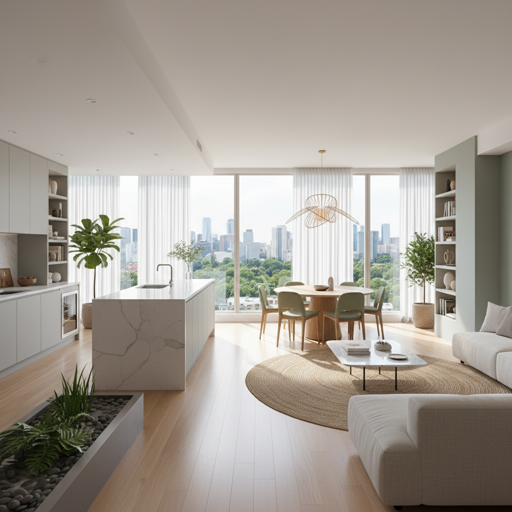 Modern apartment interior with open plan living area, large windows, and city views