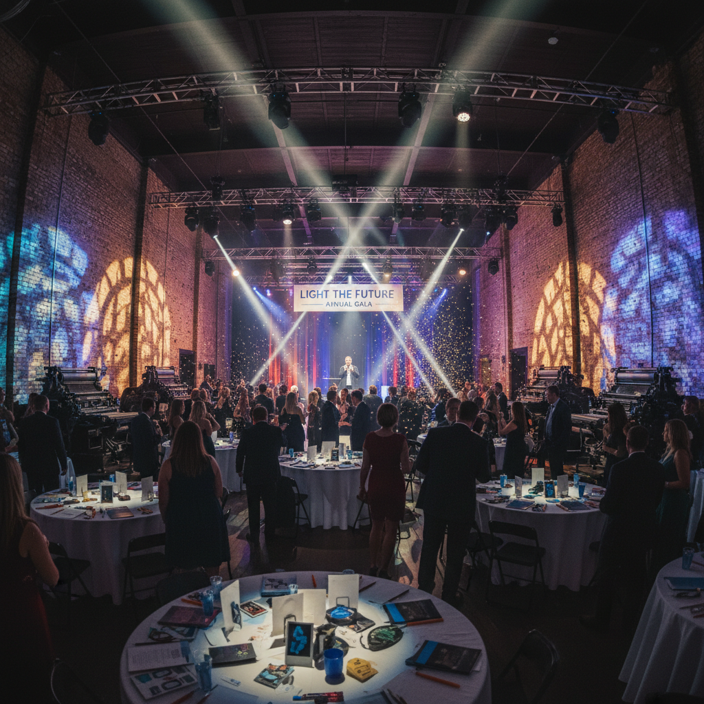 Nonprofit fundraiser gala in old printing house with dramatic stage lighting and auction tables