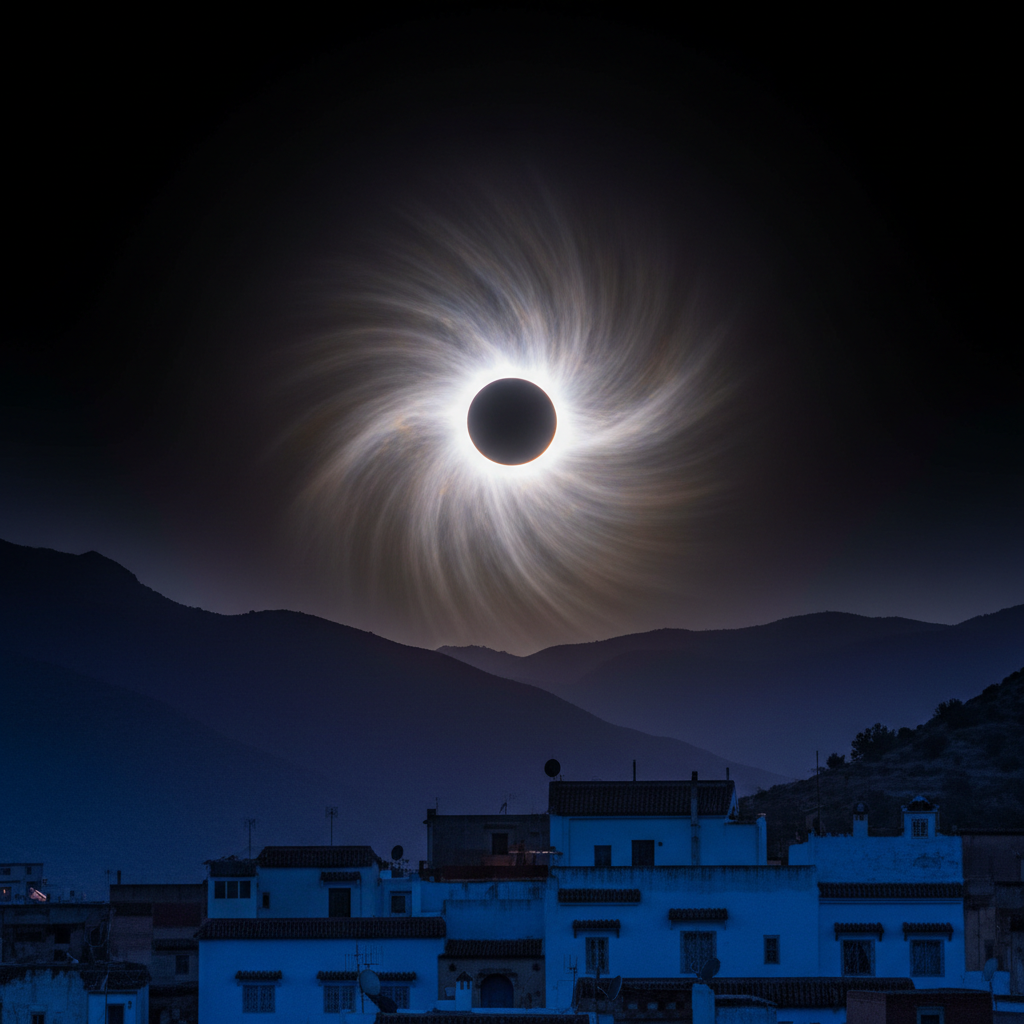 Total solar eclipse corona blazing against a dark sky above the blue-washed rooftops of Chefchaouen, Morocco, with the Rif Mountains in the background