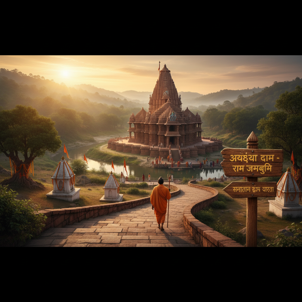 Ayodhya · Kashi · Prayagraj Sacred Circuit — pilgrims at sacred temple during the journey
