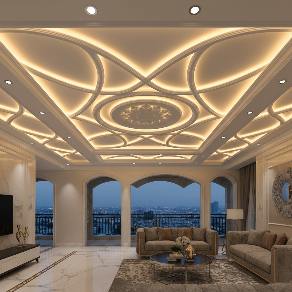 Elegant false ceiling design with architectural lighting details in luxury interior