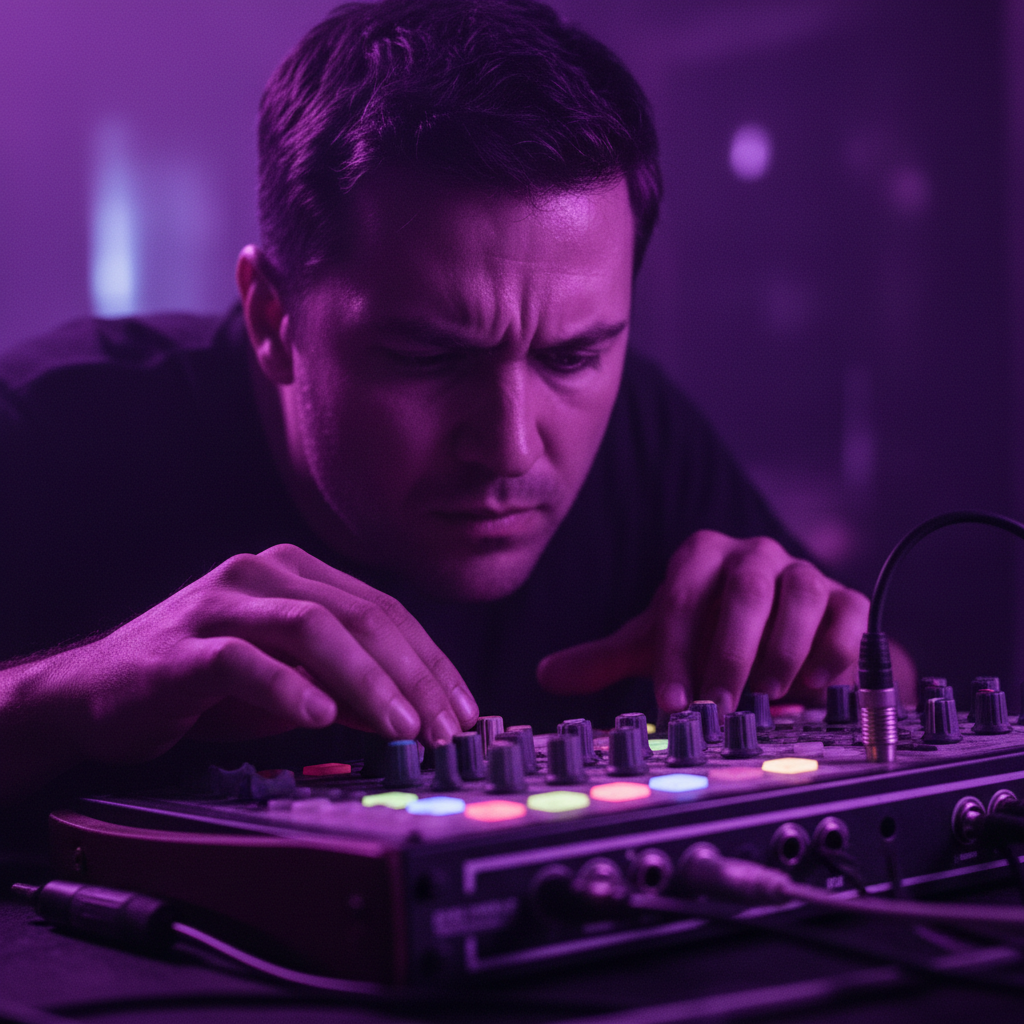 Portrait of MXLTA musician in low violet light at a mixing board