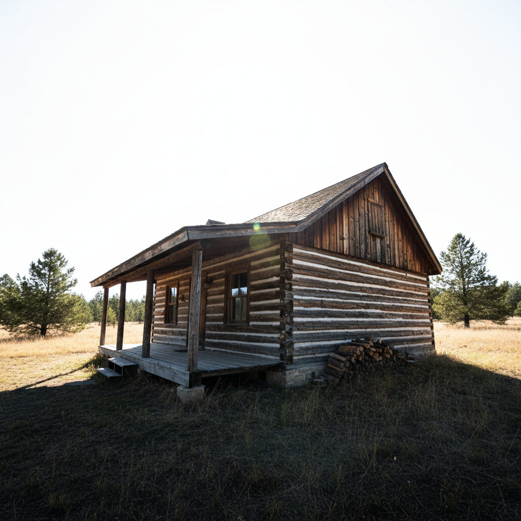 Golden hour professional photo of the same log cabin glowing amber against mountain ridgeline