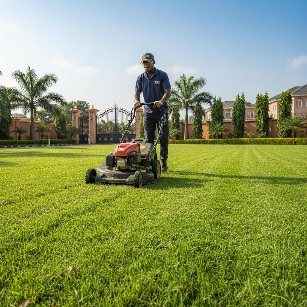 Technician performing final diagonal mow on Lagos compound lawn with compound gate visible