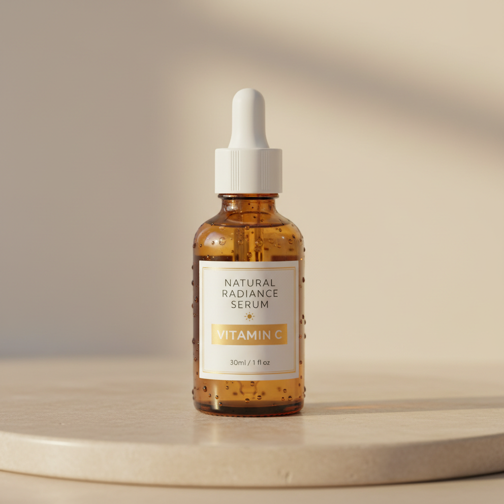 Sérum vitamina C botella ámbar sobre fondo oscuro iluminado