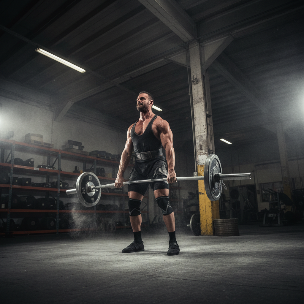 Powerlifter loading heavy barbell in professional gym setting, intense focus, dark atmospheric lighting