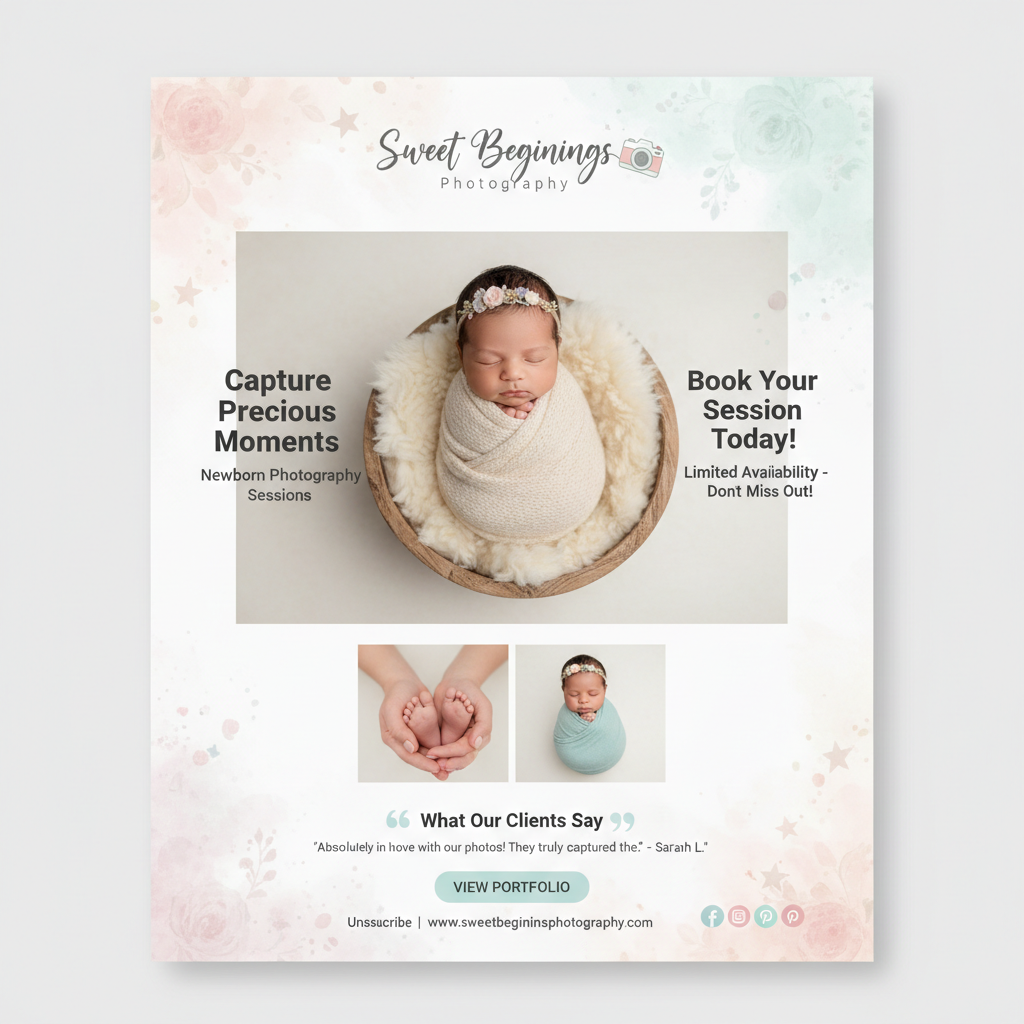 Newborn photography session email newsletter with soft pastel design