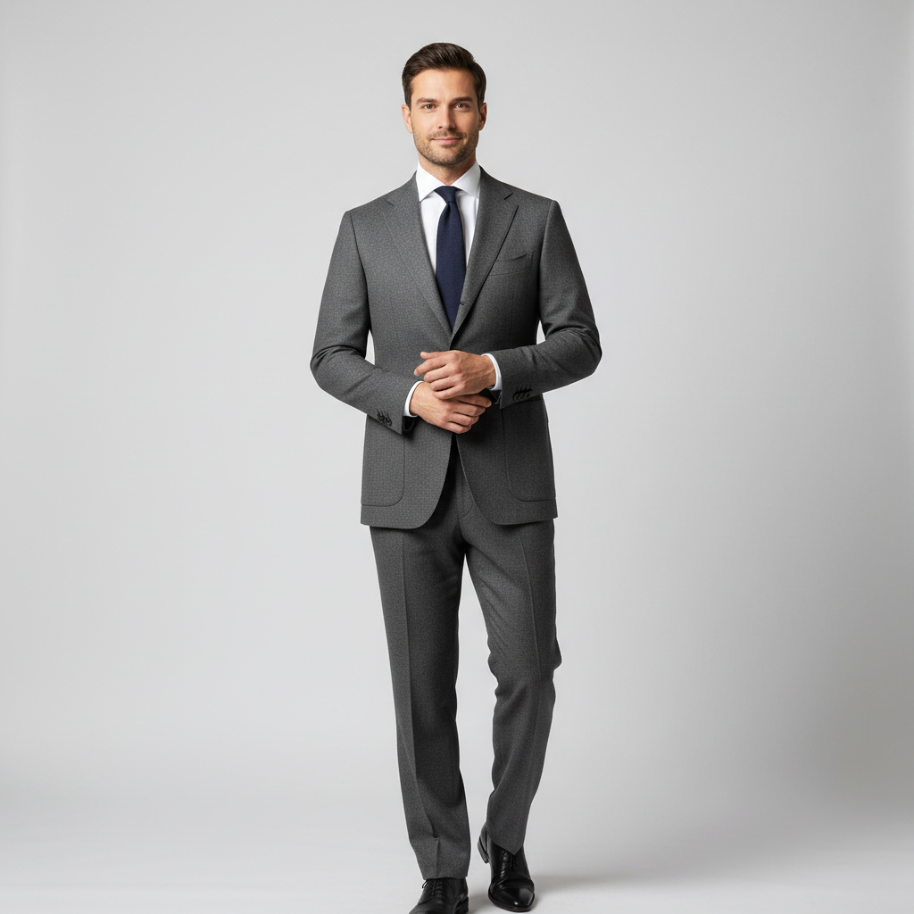 Man in charcoal slim-fit blazer, bright studio background