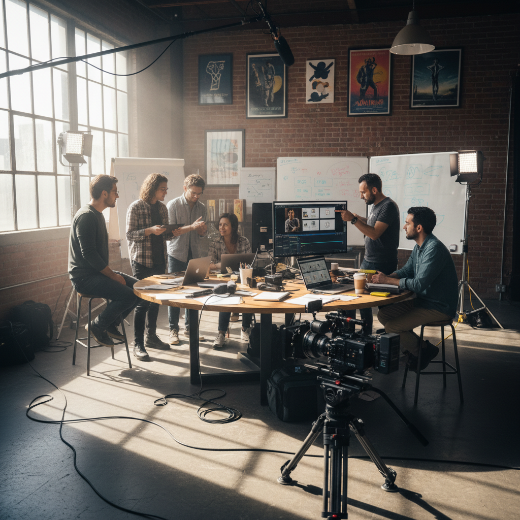 Team working in a creative studio environment — click to watch our behind-the-scenes video