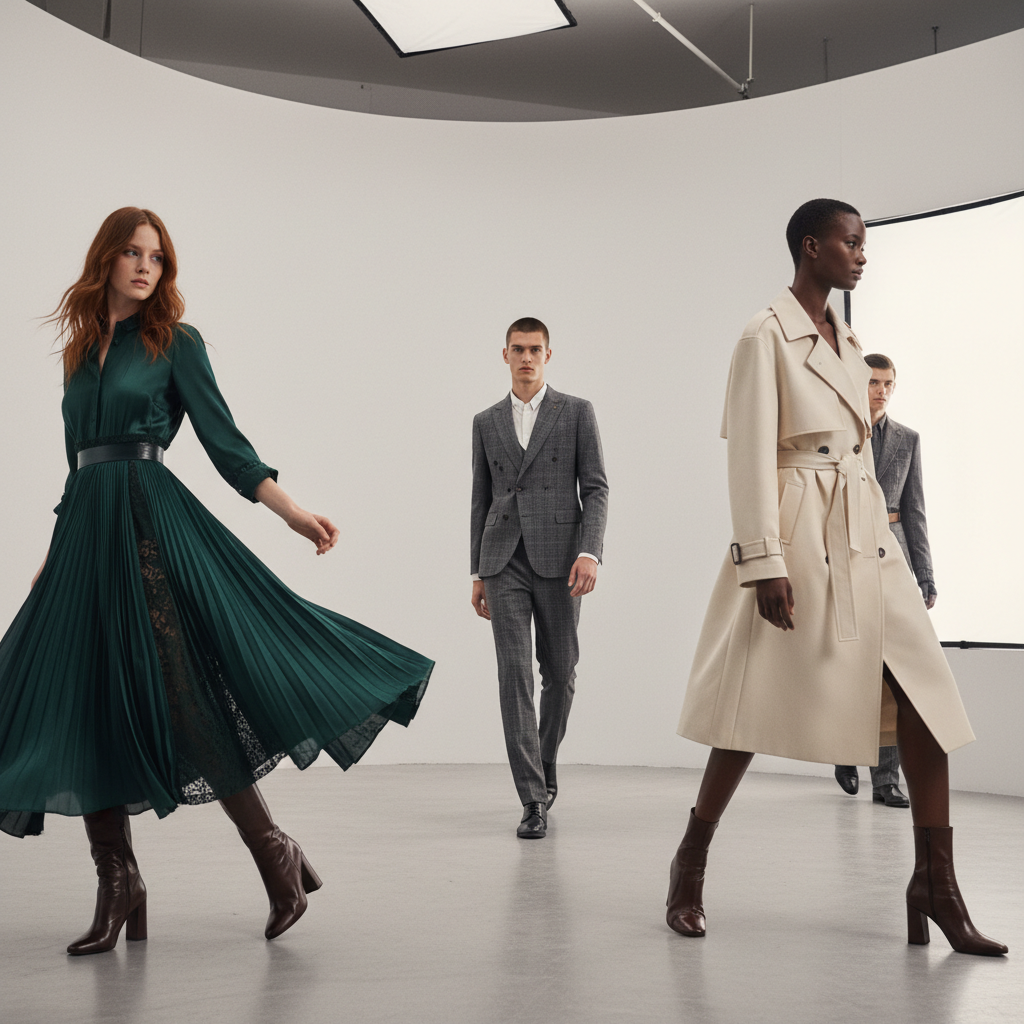 Fashion model in beige trench coat, bright airy studio
