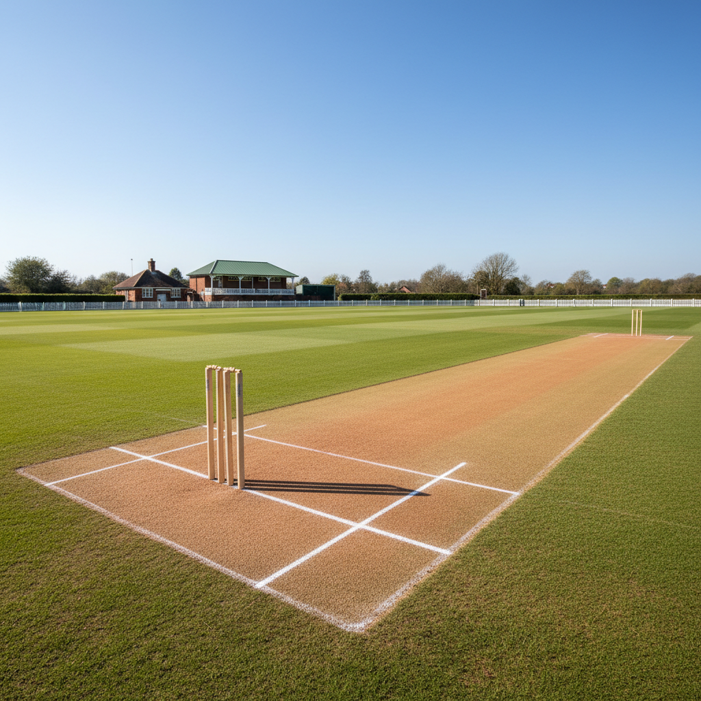 Freshly prepared cricket square with chalk markings and rolled loam surface under clear sky