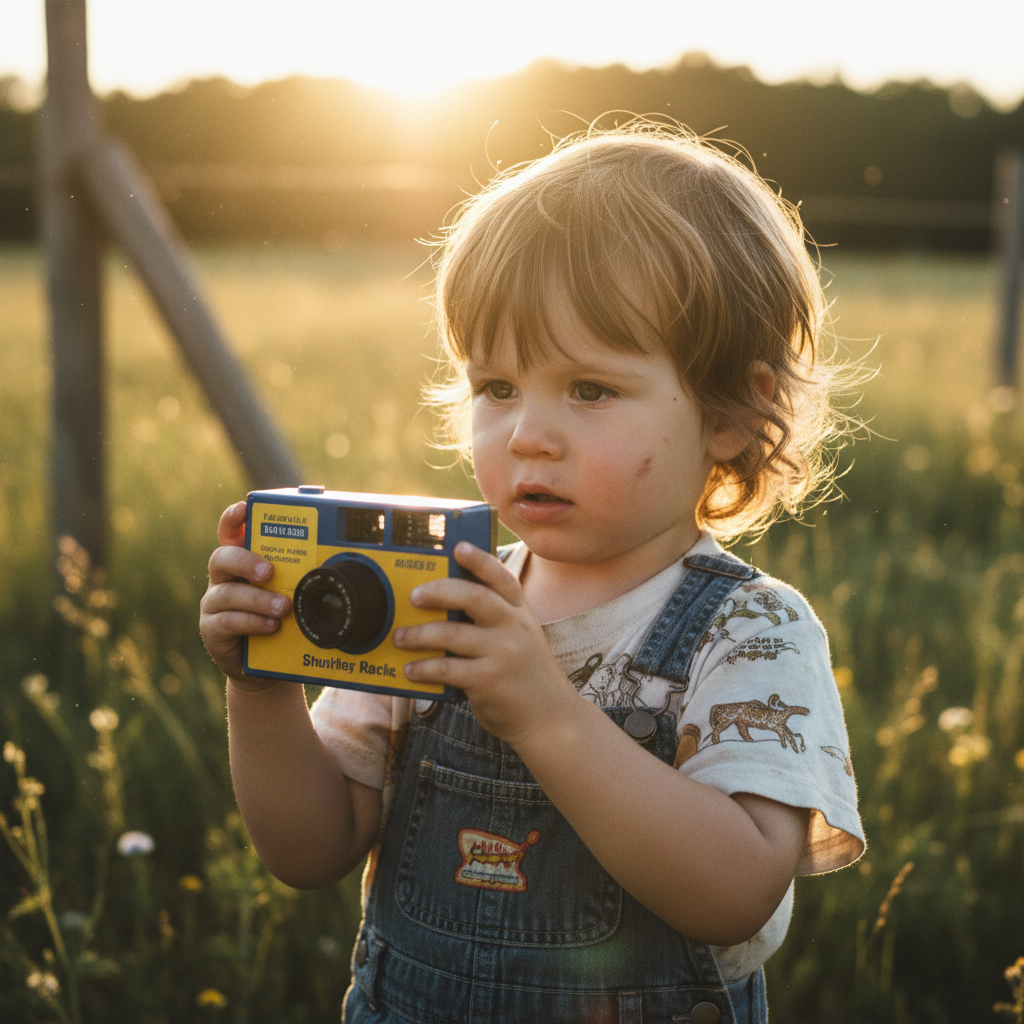 A young child holding a disposable film camera at a festival, warm sunlight behind them