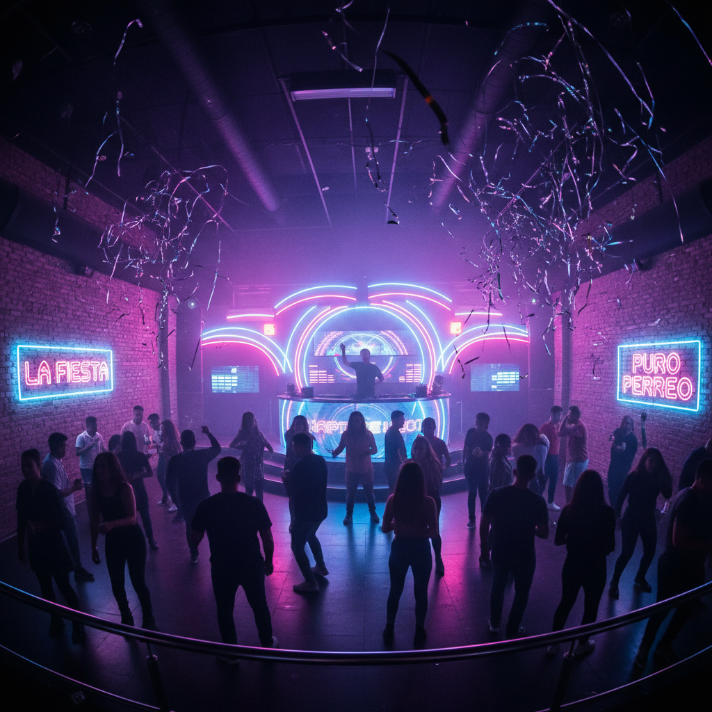 Vibrant nightclub with pink and red lights and energetic crowd