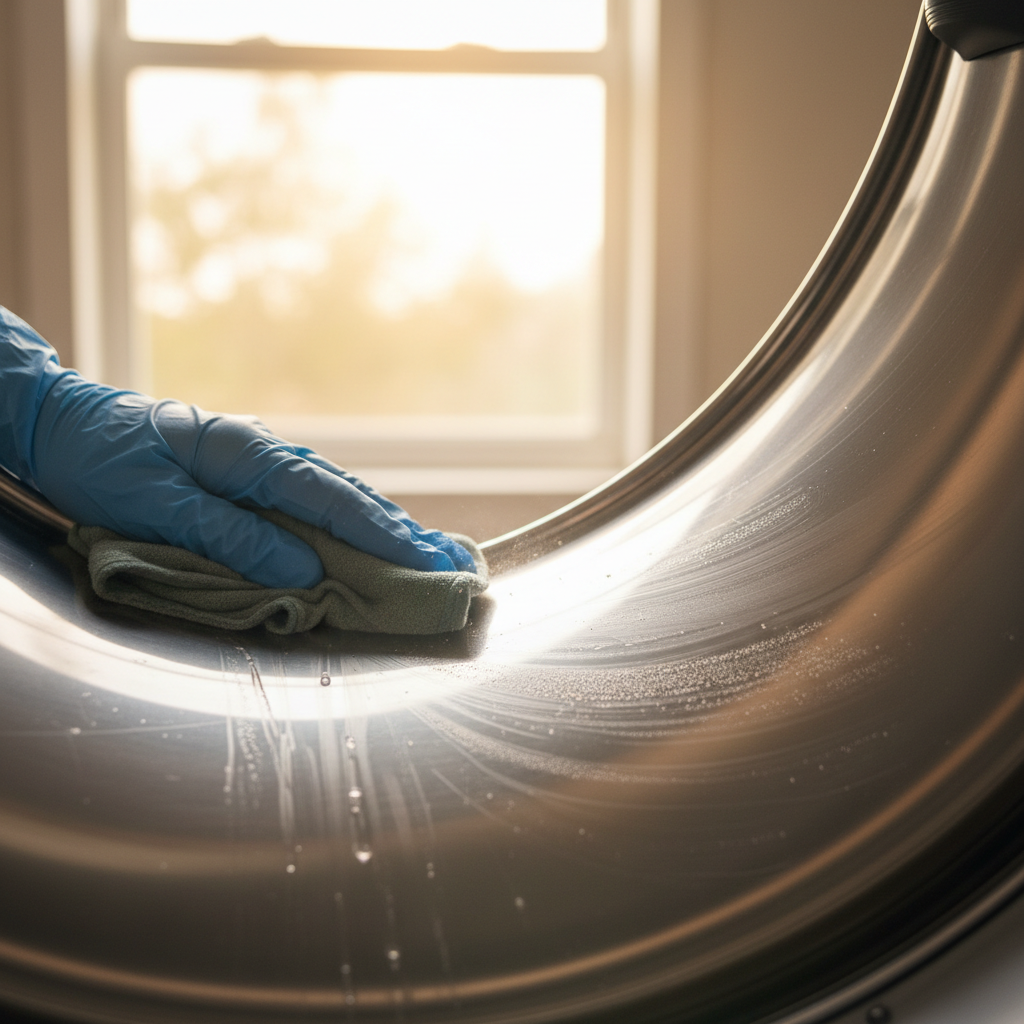 Gloved hand wiping the inside of a dryer drum with afternoon light cutting through a laundry room window