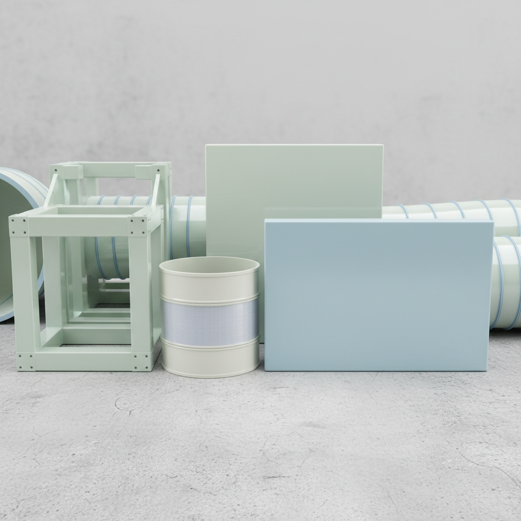 Industrial fiberglass installation on large commercial building exterior, renovation project, overcast natural daylight, urban setting