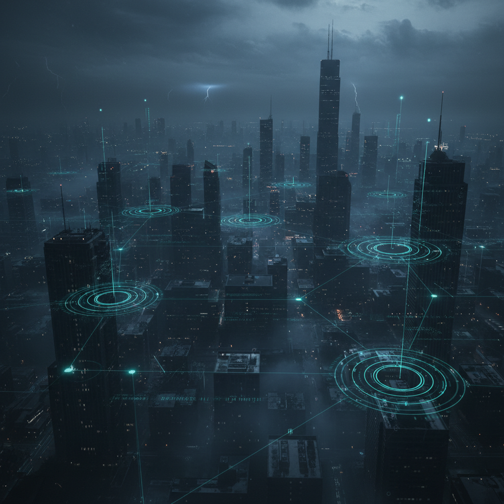 Digital radar network overlay on dark cityscape, deep shadows, dim atmospheric blue-grey lighting