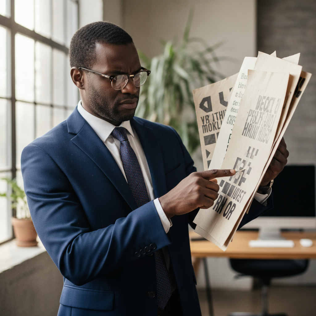Professional African woman in business casual attire examining large format print materials
