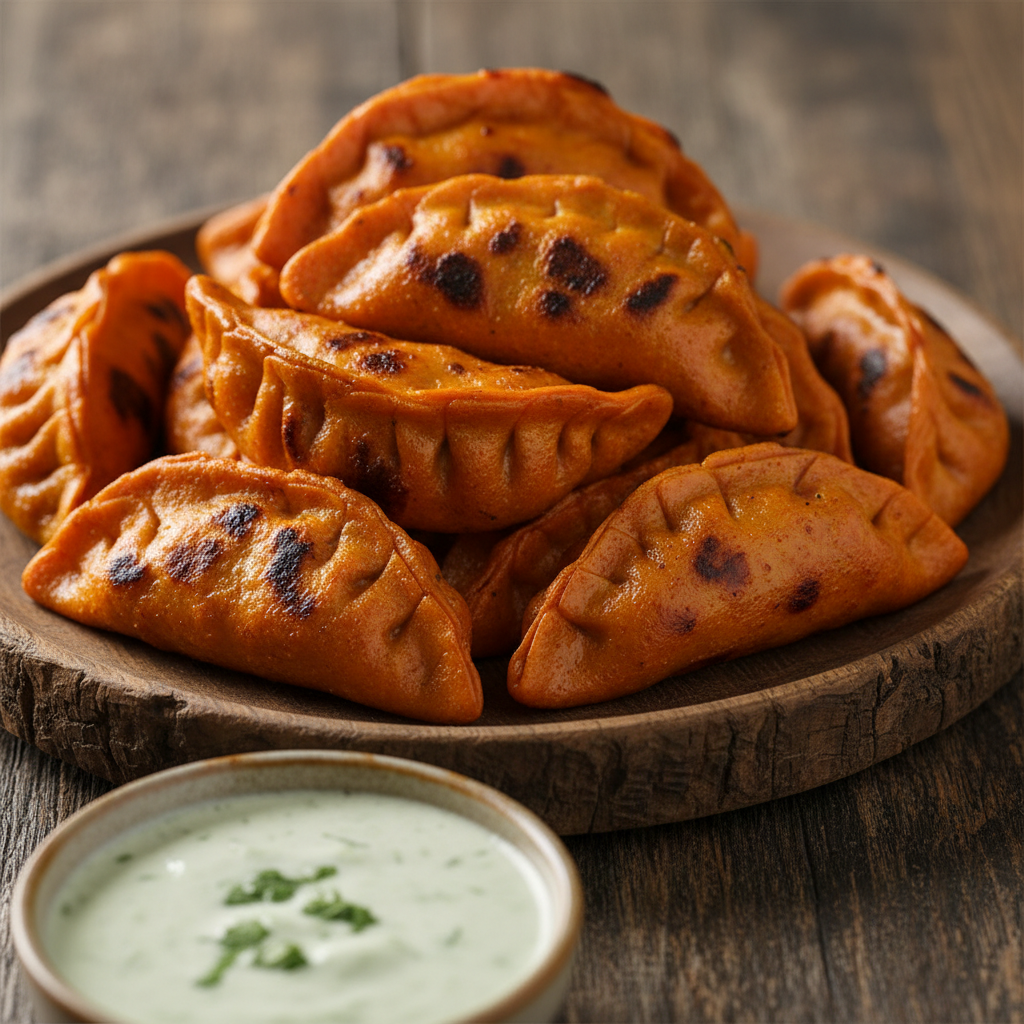 Paneer tikka pieces with visible char marks, vibrant orange-red marinade, served on a clay plate with mint chutney