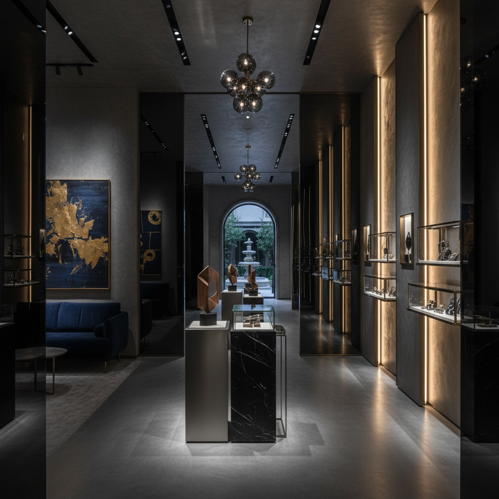 Dramatic low-key retail environment with dark background, spotlit products, cinematic shadows