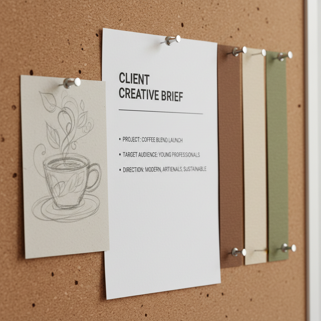 Client creative brief pinned to cork board with typed direction document, pencil sketch, and brand color swatches