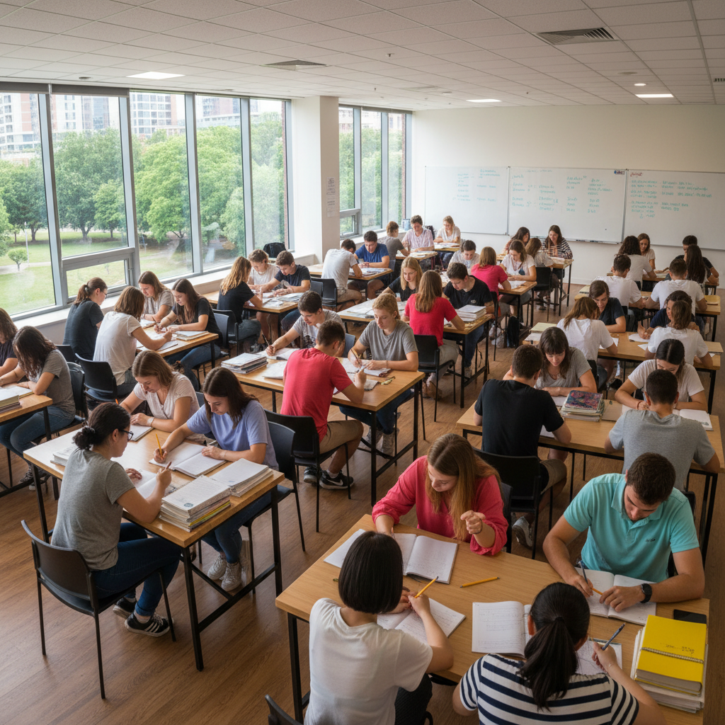 Bright classroom with rows of wooden desks, sunlight streaming through large windows, colourful educational charts on white walls