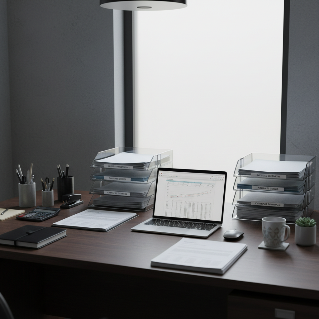 Legal documents and laptop in dark professional office setting