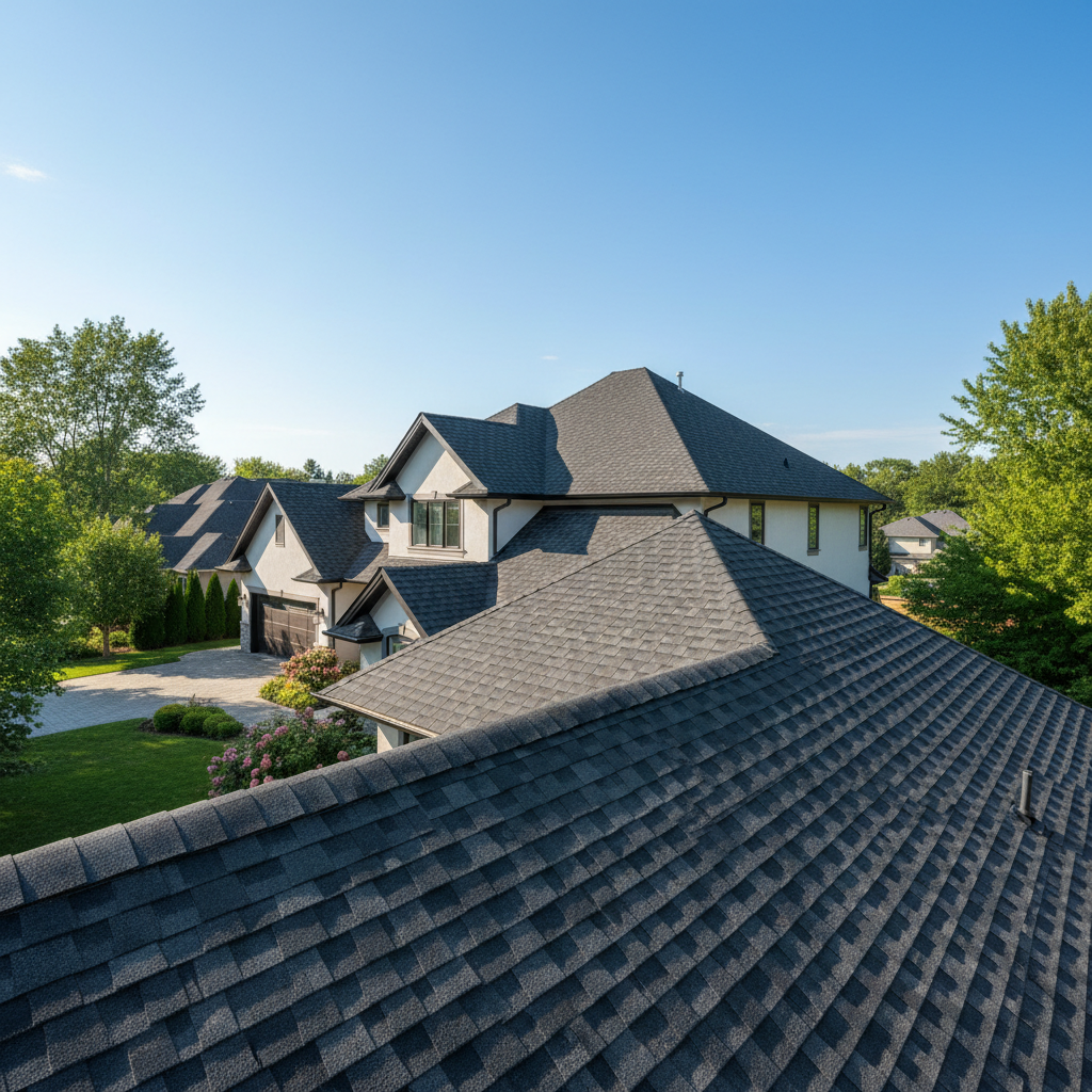 Complete residential roof replacement with dark architectural shingles on two-story suburban home