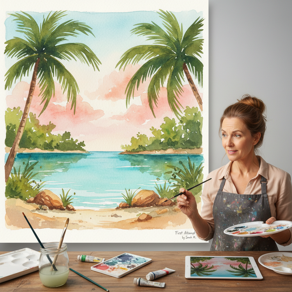 Expressive figurative painting of a woman in warm tropical colors, bold brushstrokes