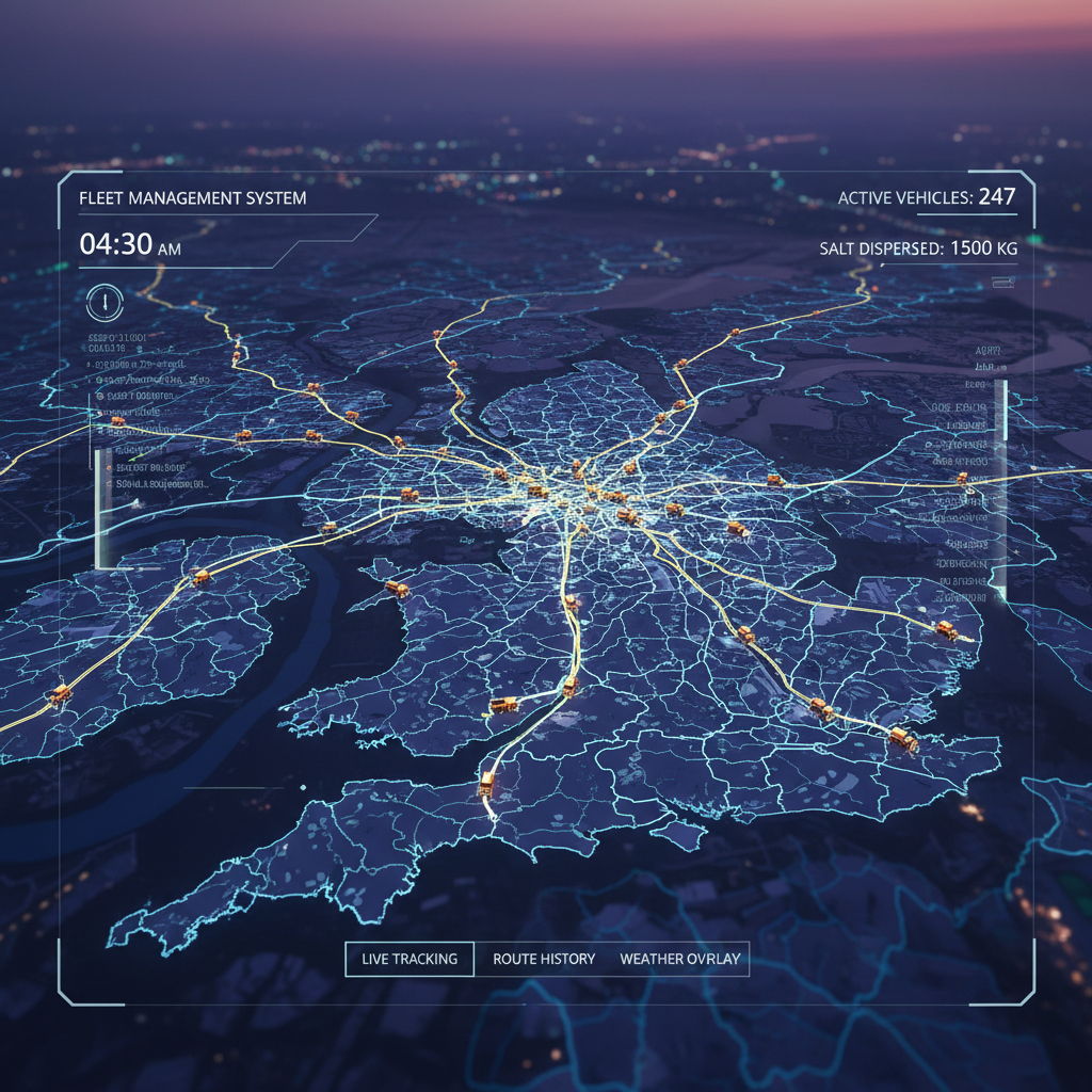 GPS tracking dashboard showing gritter vehicle routes across London boroughs at pre-dawn