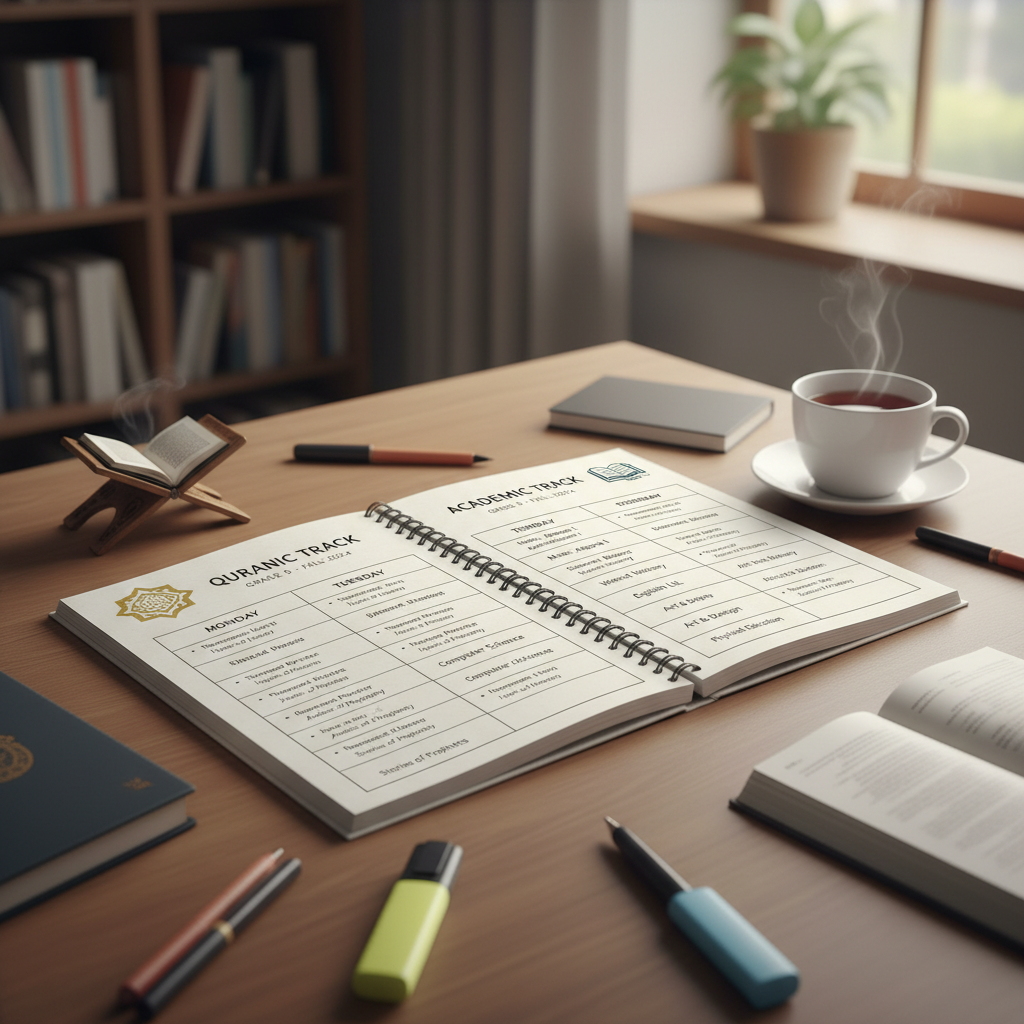 Open curriculum guide showing weekly lesson plans with Quran and academic tracks side by side