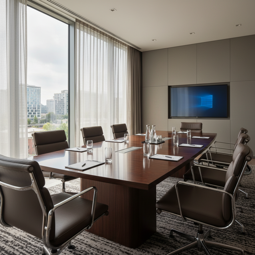 Conference room with dark walnut table and eight leather chairs