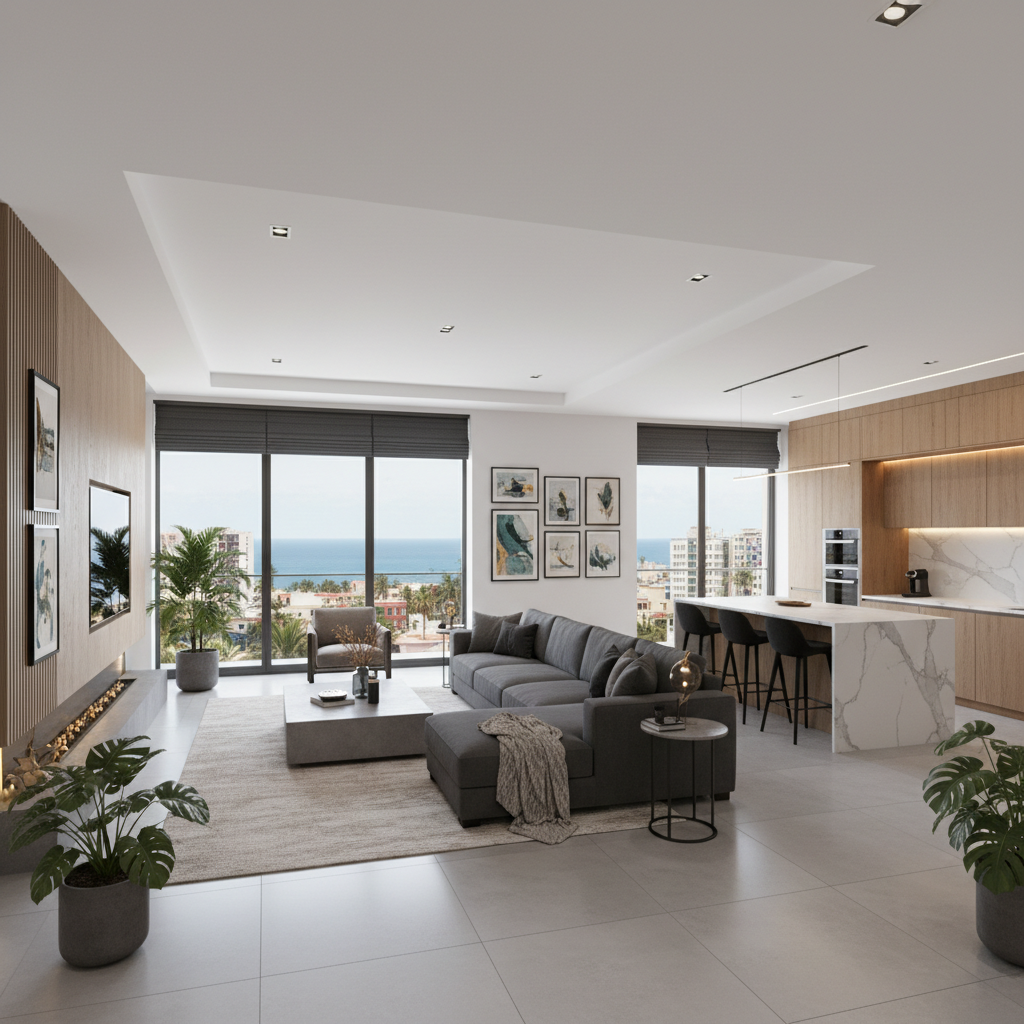 Modern Pacific Palisades home with open-plan kitchen, ocean view, bright natural light, warm neutral palette