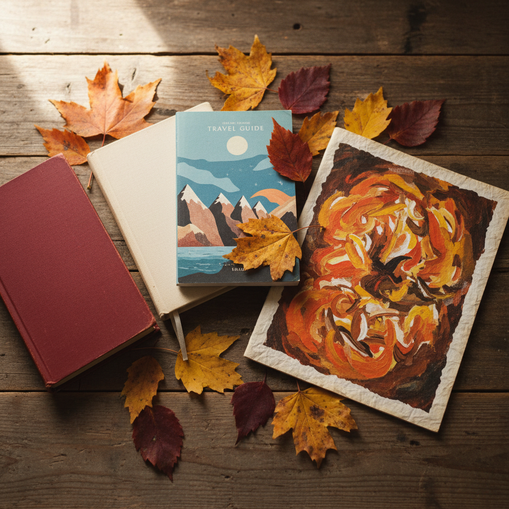 Three books and an art zine fanned out on a wooden surface with autumn leaves