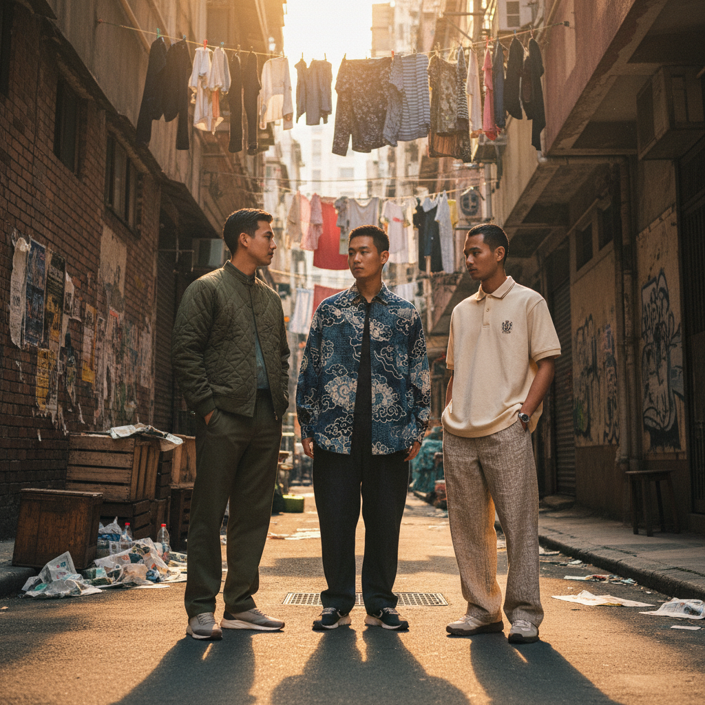 Three models wearing the complete Thread Full Heritage Set — mandarin bomber, batik oversized, and archive polo — in a Kowloon alleyway at golden hour