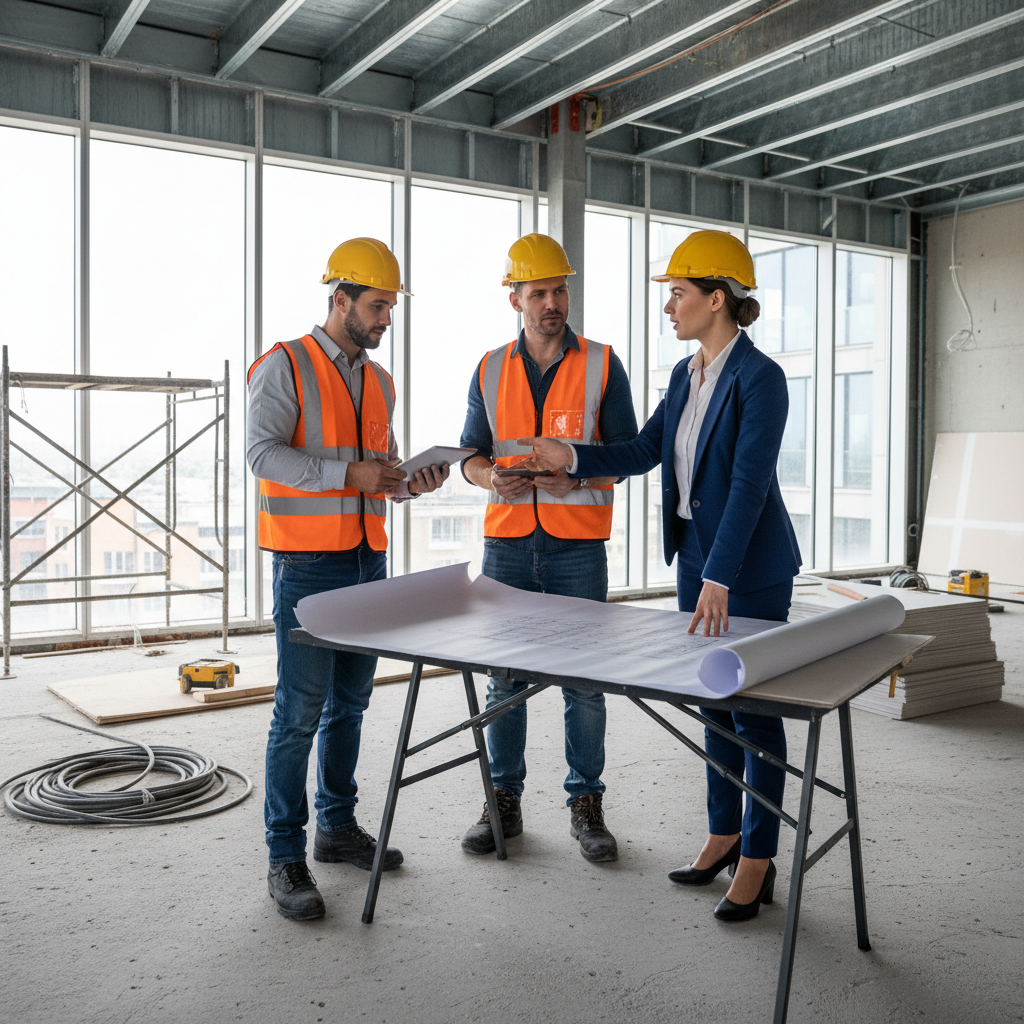 Business professional coordinating with contractors in a commercial building setting