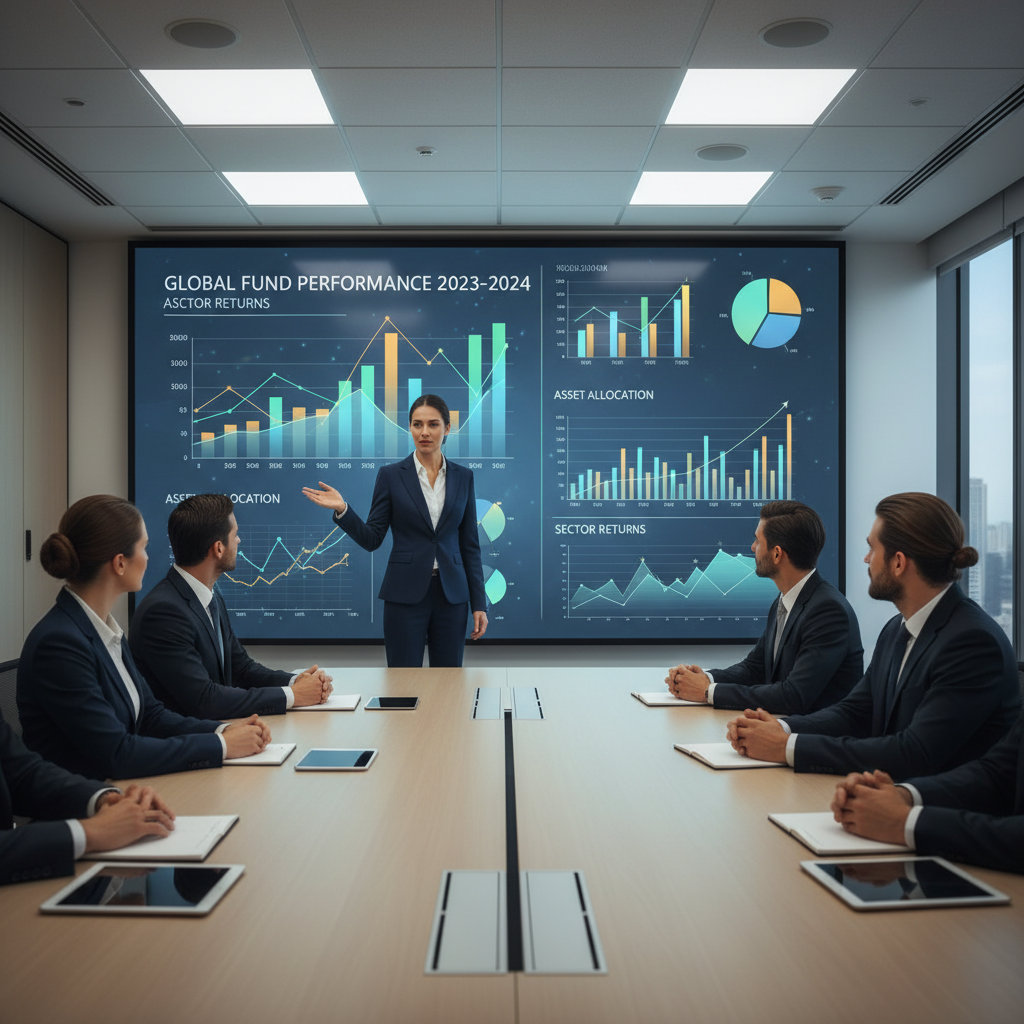 Institutional asset manager presenting fund performance data with animated charts