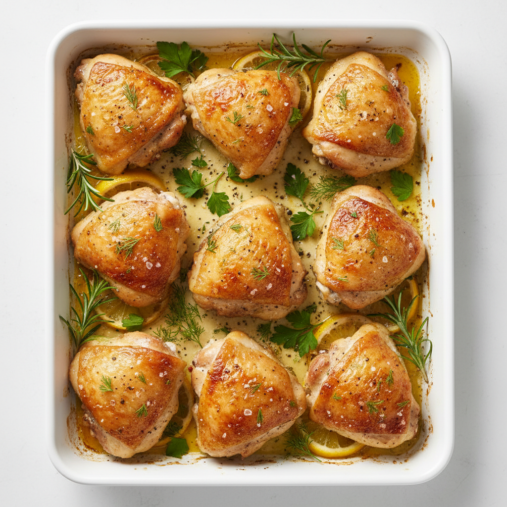 Golden crispy-skin chicken thighs in cast iron skillet with herbs and lemon