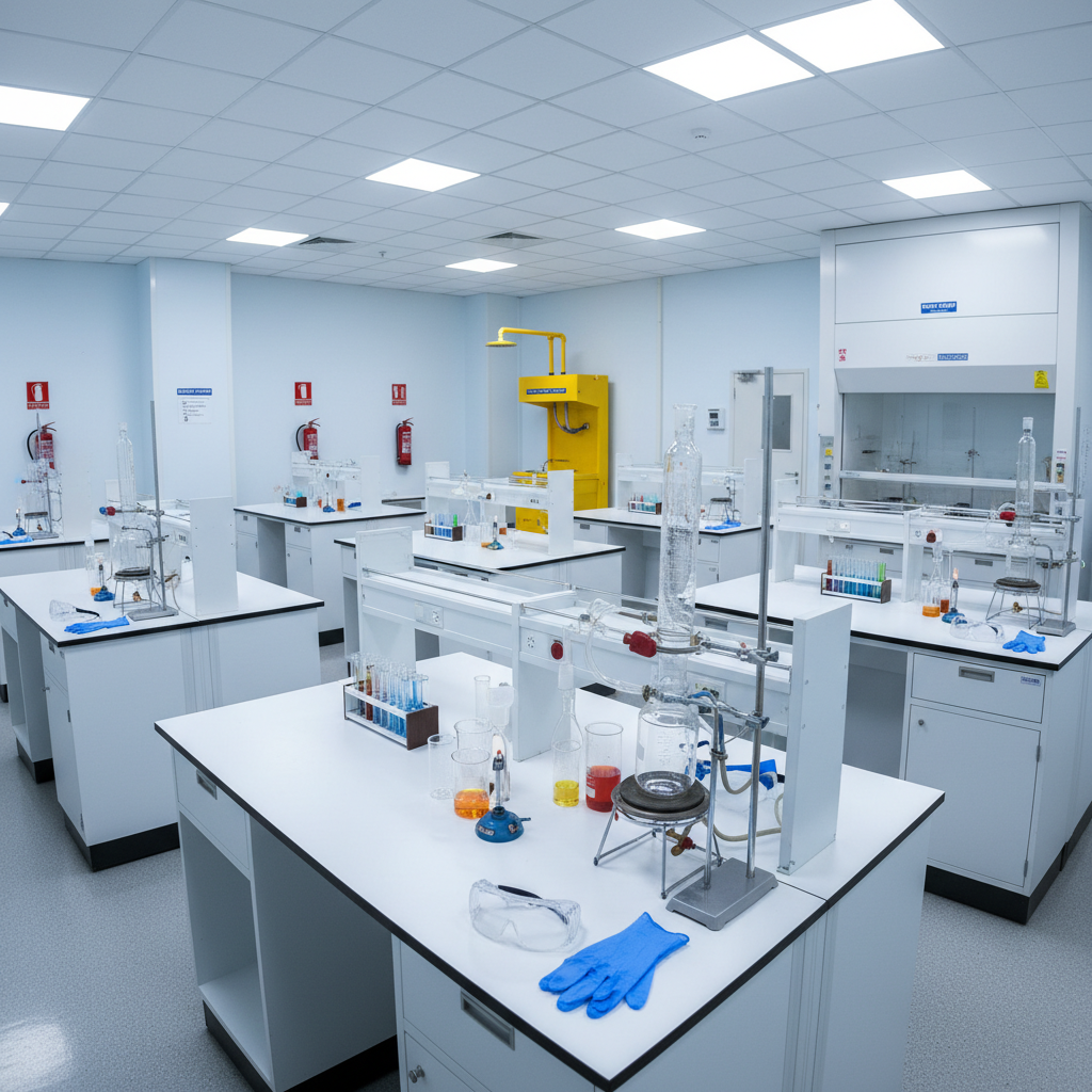 Modern chemistry laboratory with beakers, flasks, chemical reagents, safety equipment, bright and clean environment