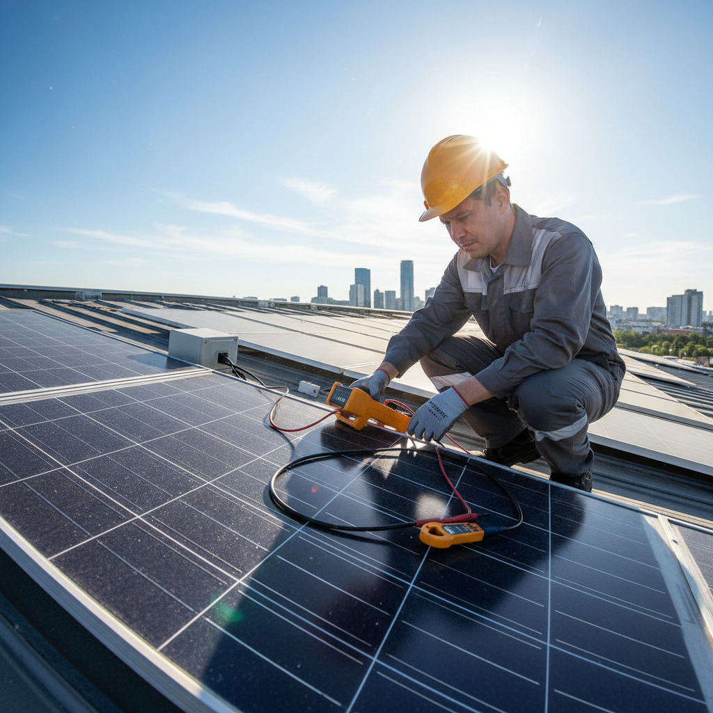 Modern solar panel installation with digital monitoring equipment showing real-time performance data on industrial rooftop
