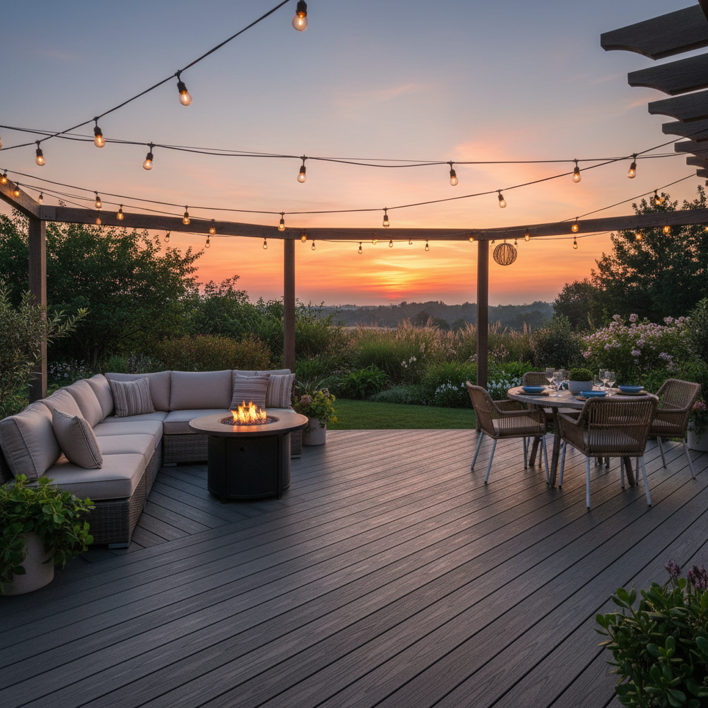 Finished composite deck at golden hour dusk with string lights and outdoor furniture in Texas backyard