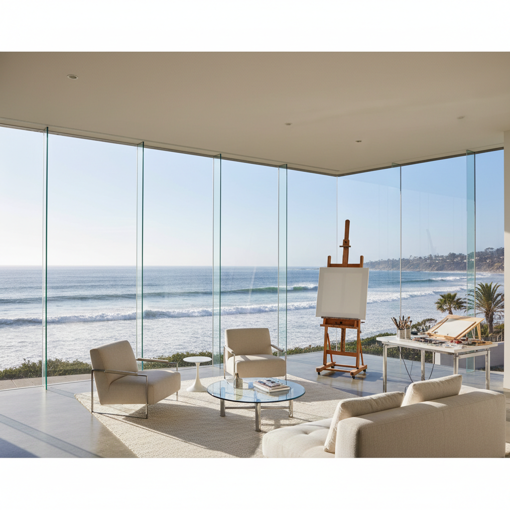 Bright coastal studio loft with ocean view, white walls, natural light, modern furnishings