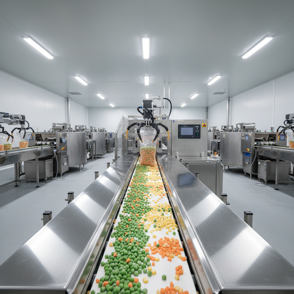 Frozen food processing line stainless steel conveyors gleaming clean under industrial lights